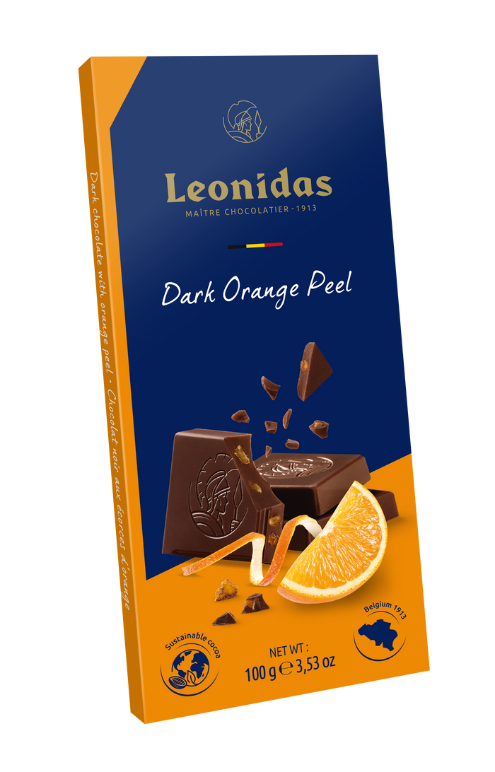 Tablette de chocolat NOIR à la saveur orange 54% 100 gr