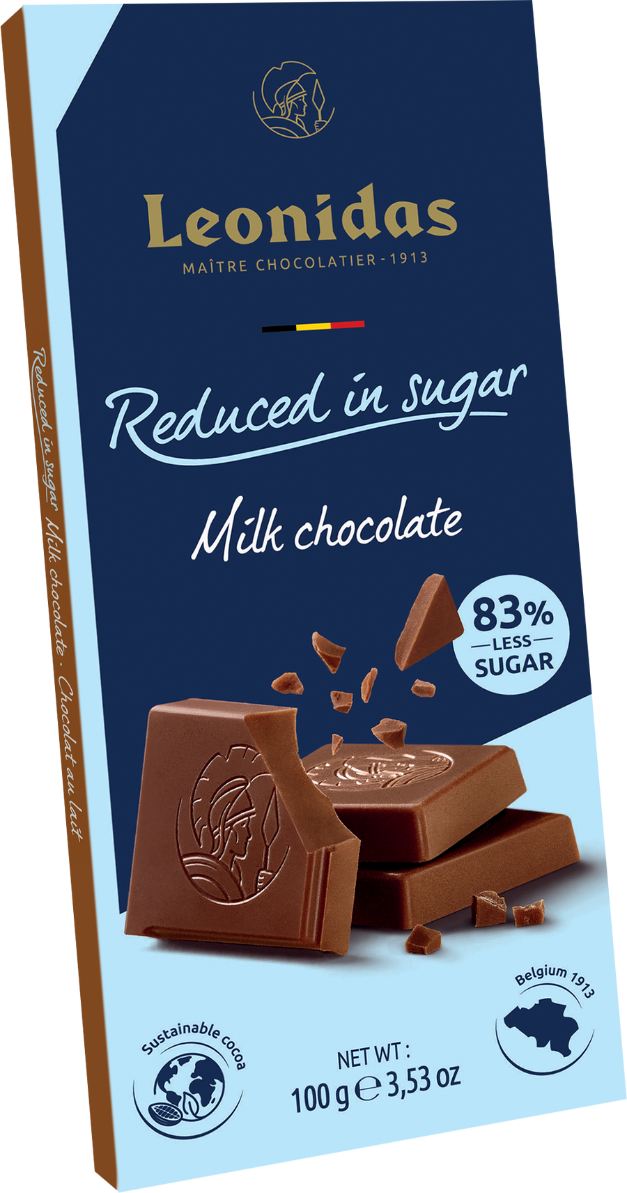 Tablette chocolat lait allégée en sucre.  Sucre Stévia  100gr